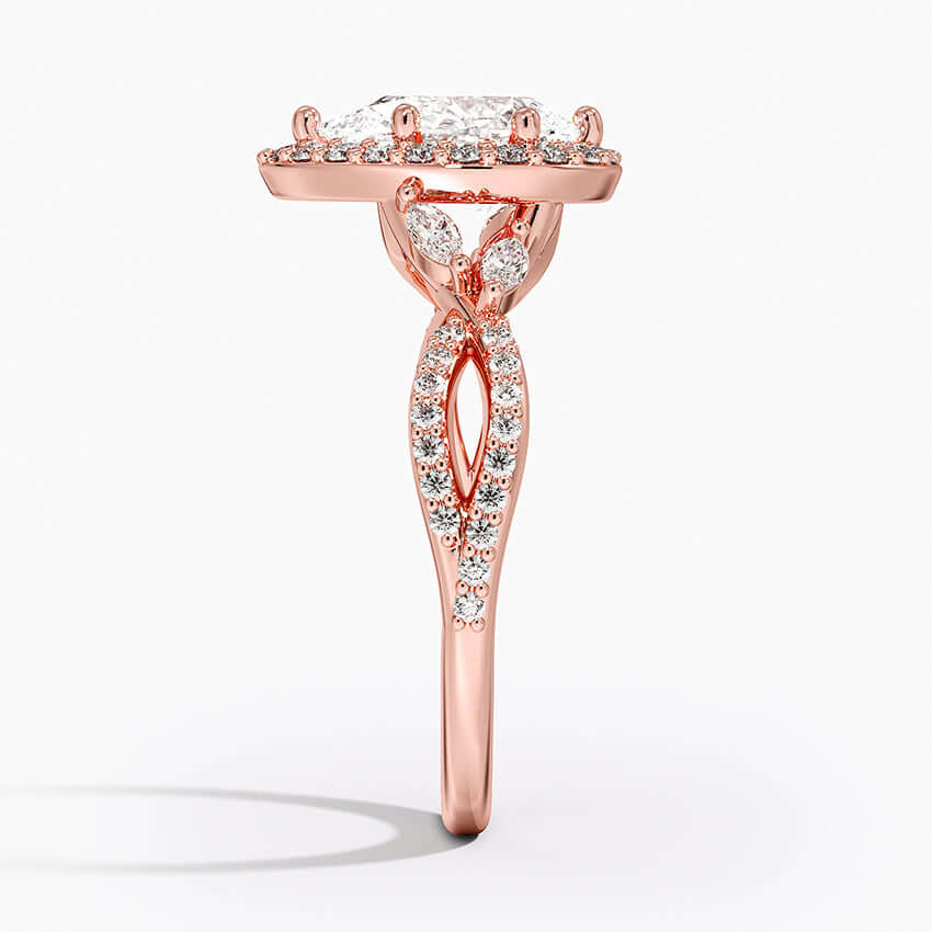 pear lab diamond with round and marquise diamonds engagement ring rose side.
