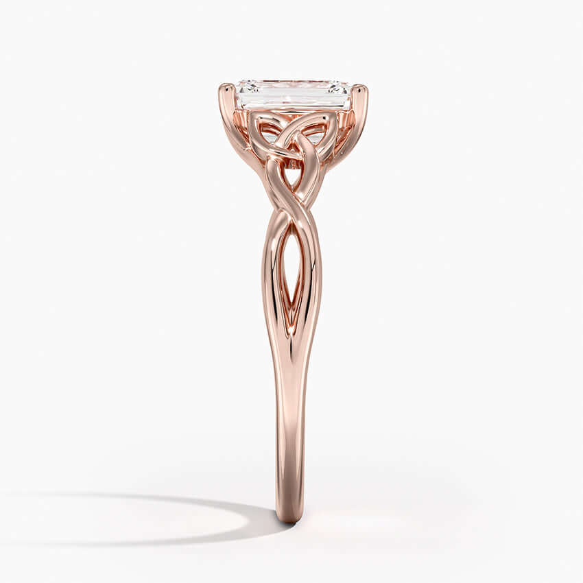 celtic emerald cut engagement ring rose gold side view