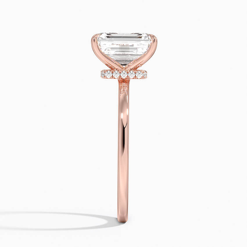 hidden halo emerald cut rose gold side view