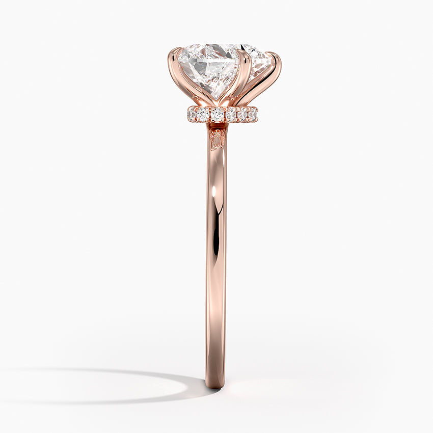 Hidden halo heart cut lab diamond claw prongs engagement ring rose side