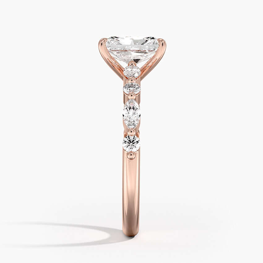 radiant cut lab diamond claw prong engagement ring marquise and round on sides rose side