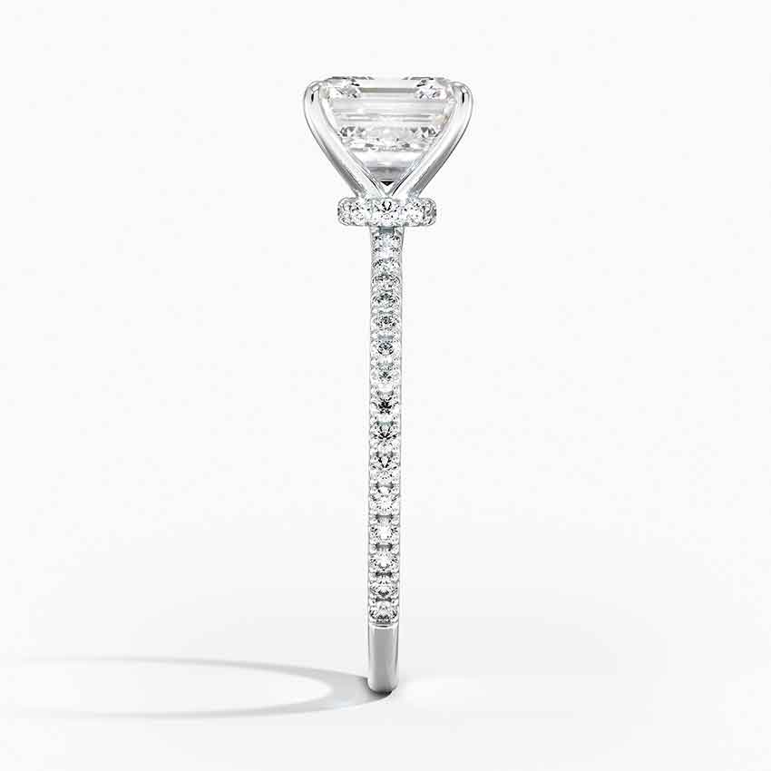 hidden halo asscher cut diamond claw prong engagement ring white gold side view