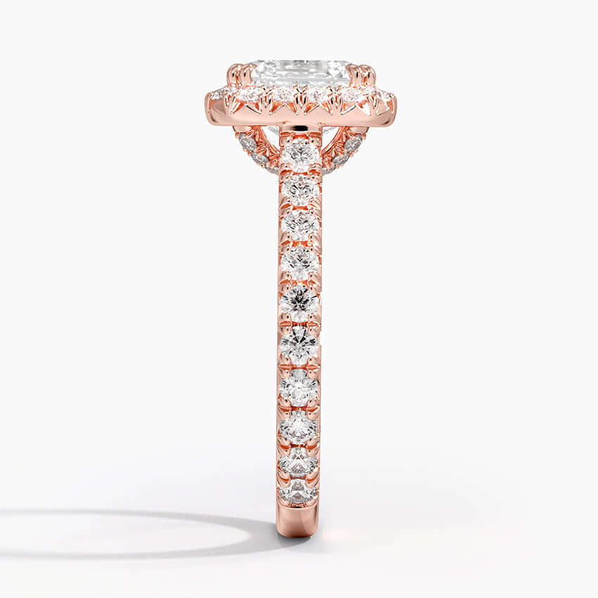 asscher cut double claw prongs halo engagement ring with pave setting rose gold side view