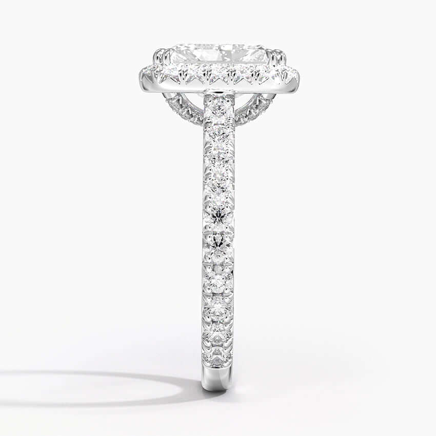 radiant cut halo double claw set engagement ring white side