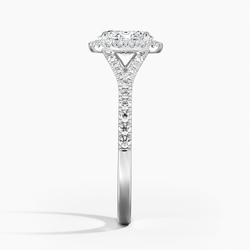 Oval diamond halo engagement ring white gold side view