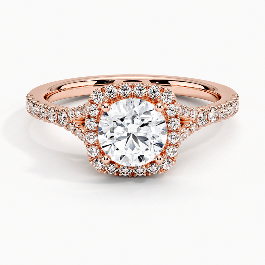 halo pave round lab diamond engagement ring rose face.