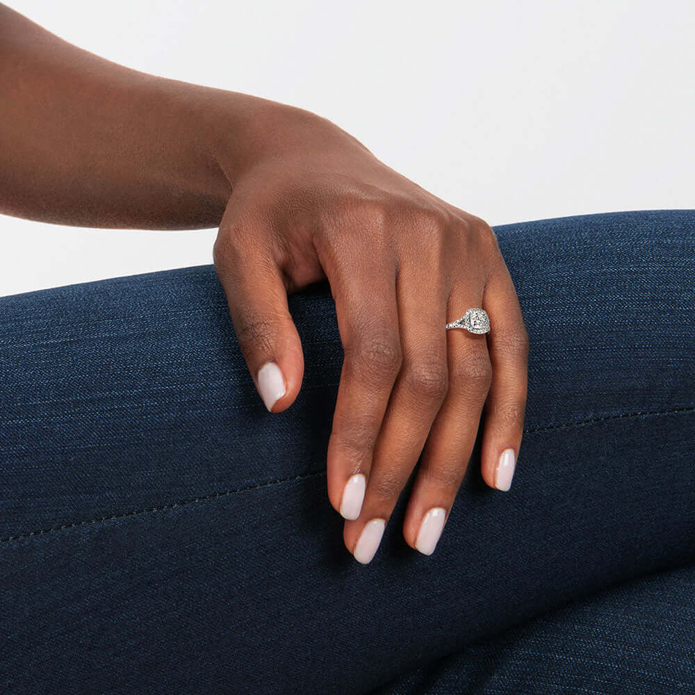 3rd model wearing radiant cut lab diamond engagement ring pave setting