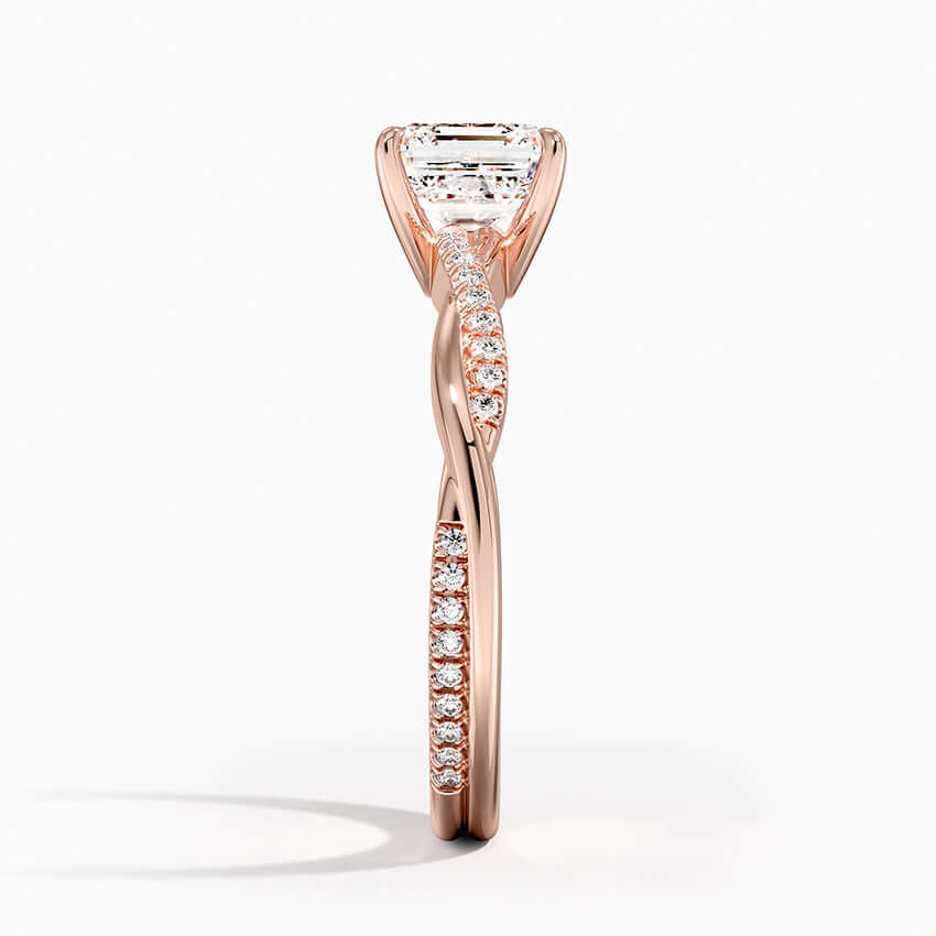 Asscher cut diamond twisted vine engagement ring rose gold side view