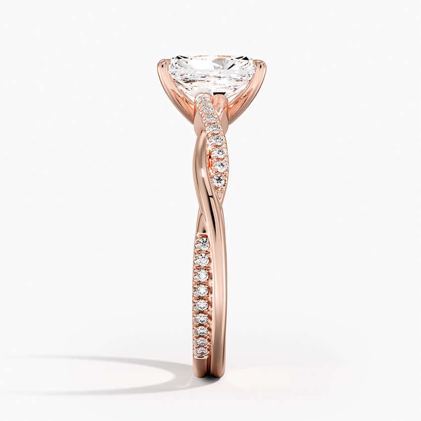 engagement ring 14k rose gold radiant diamond with setting on the side, side view