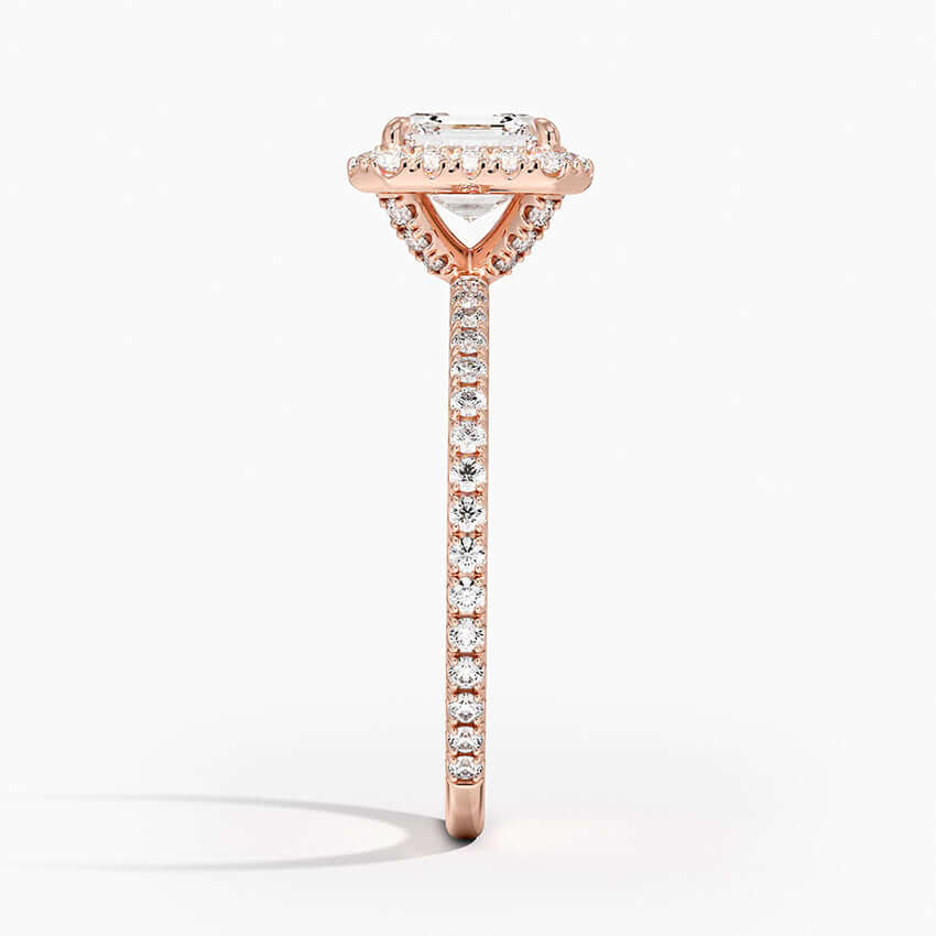 asscher cut halo engagement ring claw prongs pave set rose side