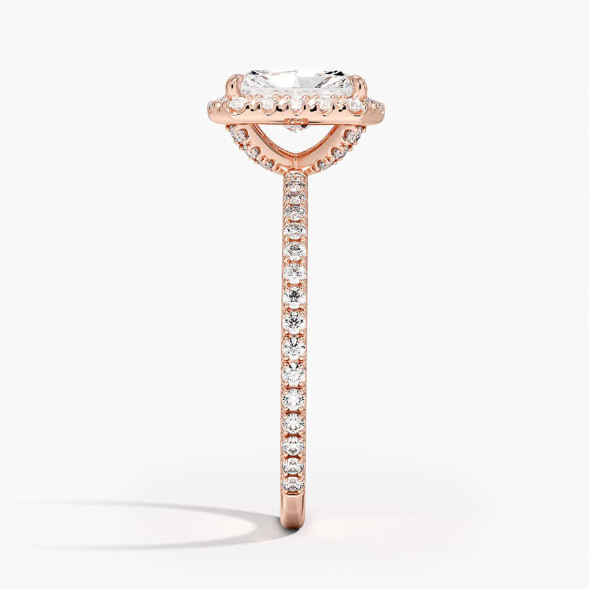 radiant cut lab diamond engagement ring halo setting rose side