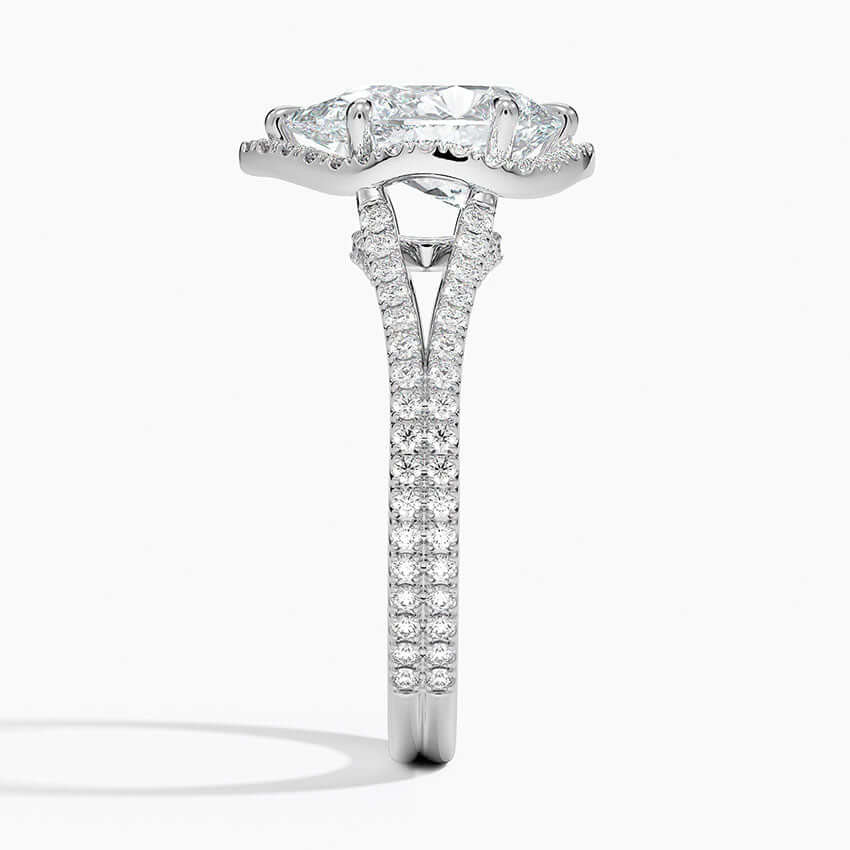 pear shaped lab diamond engagement ring with claw prongs splitting bands white side