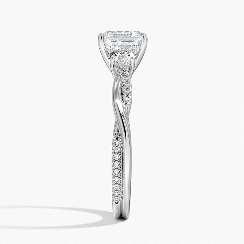 white gold three stone engagement ring asscher cut pave setting side view