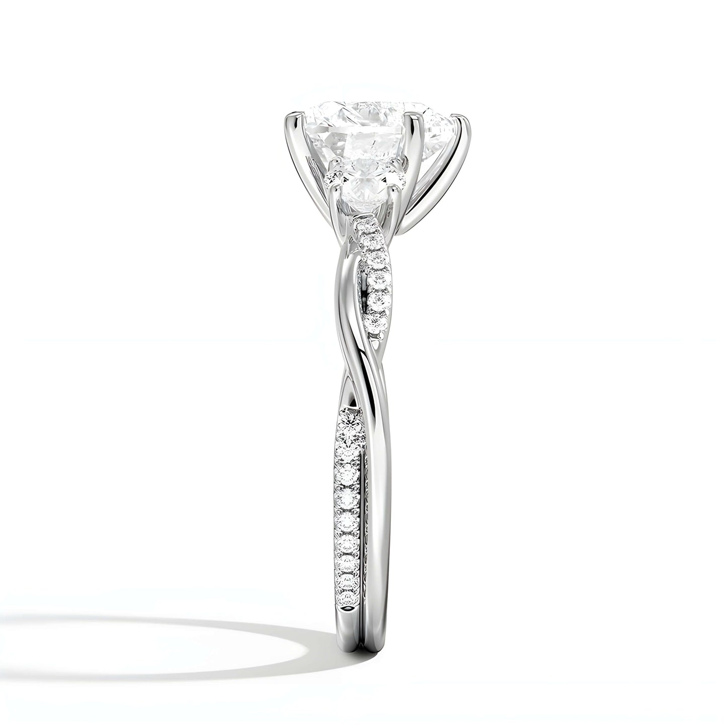 three stone heart cut lab diamond engagement ring with pave settings white side