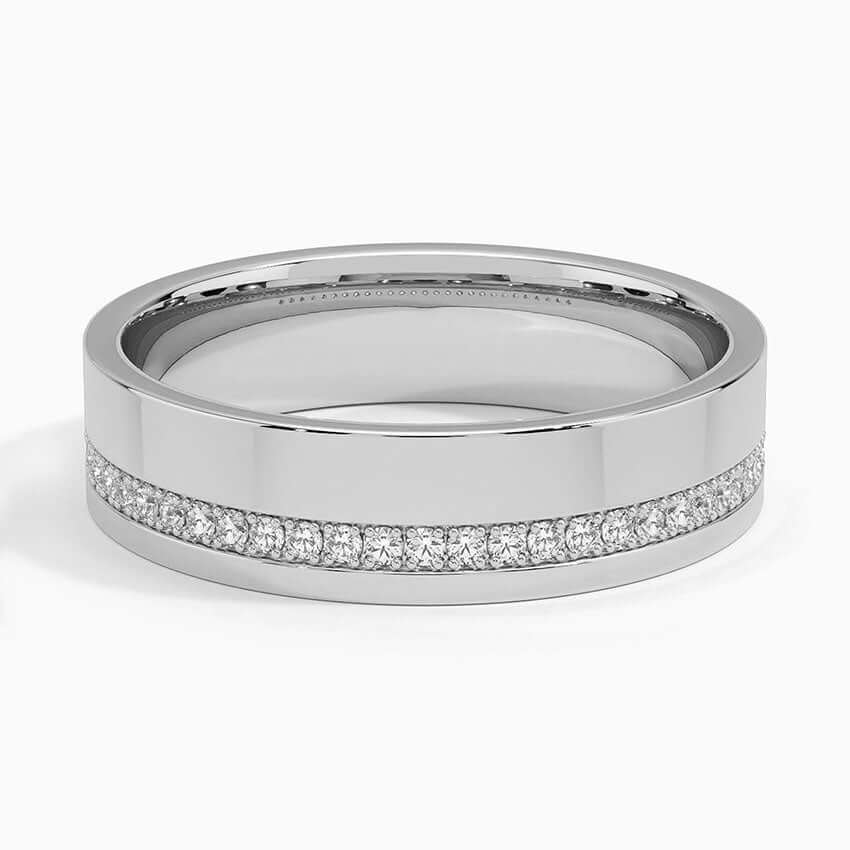 wedding ring 14k white gold with a row of diamonds front view
