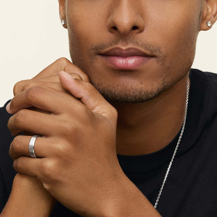 2nd model wearing 5.5mm matte finish wedding ring