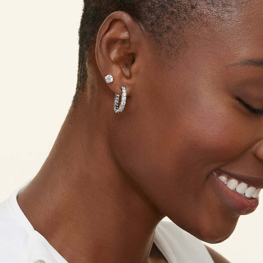 2nd model wearing Ocean Lab Diamond Hoop Earrings