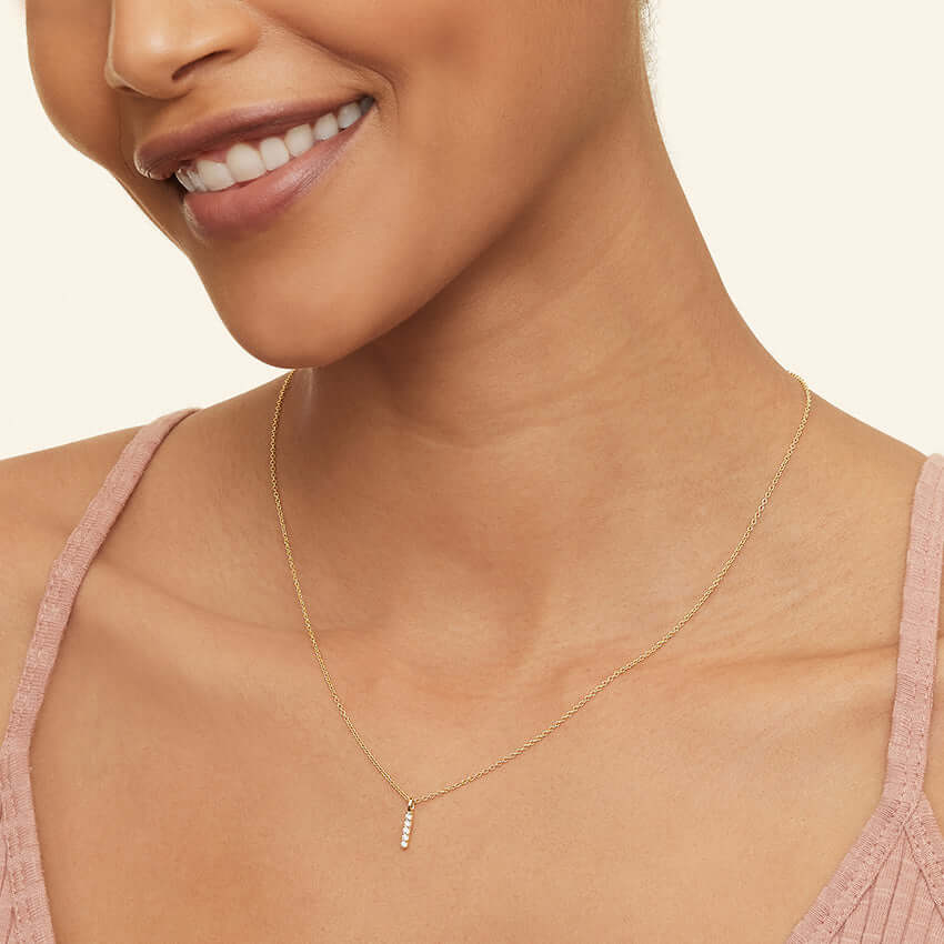 4th female model wearing Vertical Pavé Bar Diamond Pendant