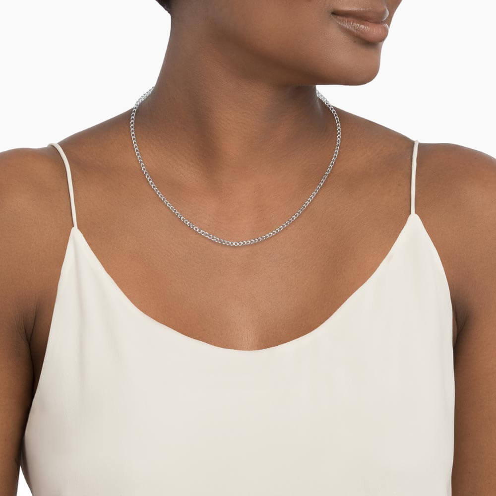 model wearing white gold link chain necklace for women