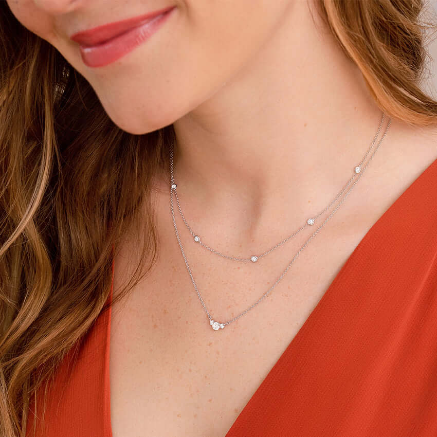 4th model wearing Trio Lab Diamond Pendant and bezel necklace