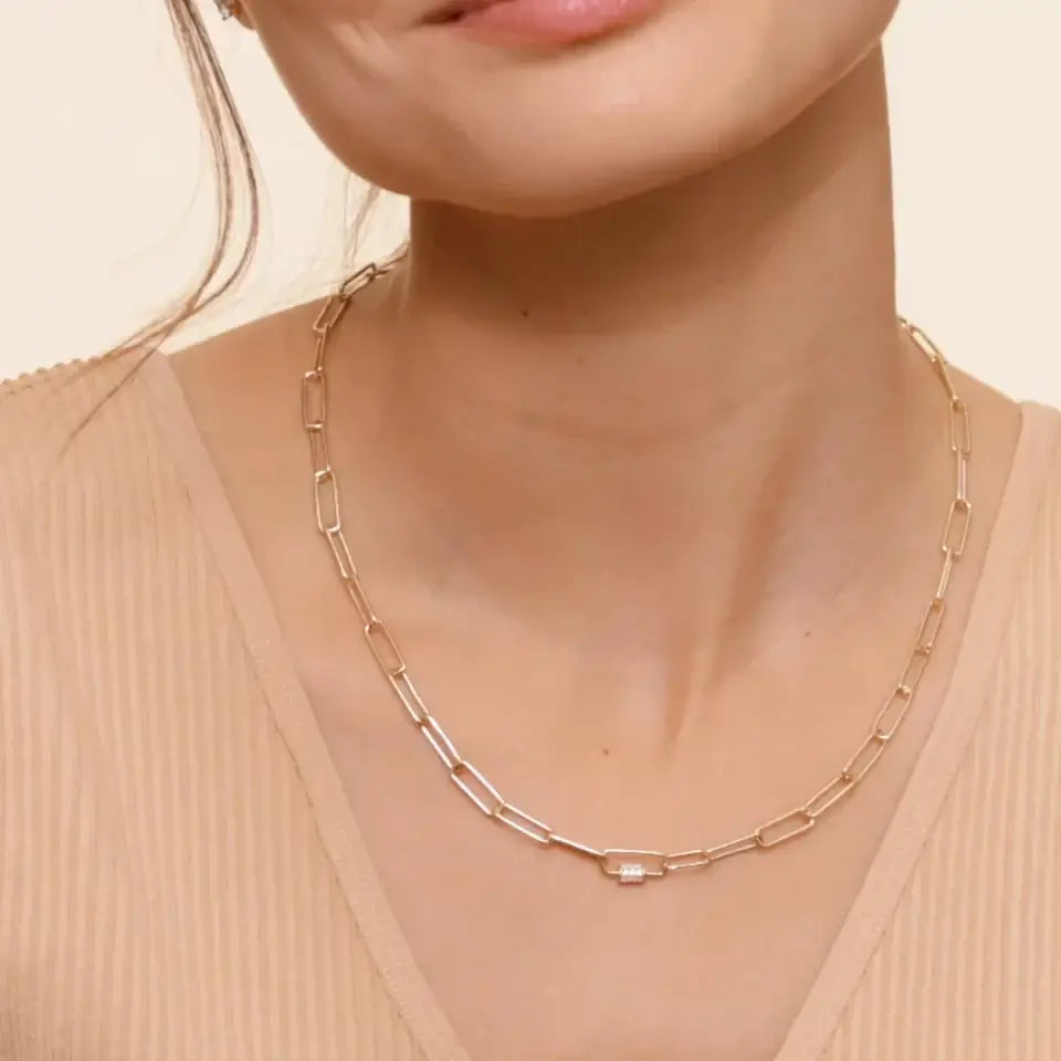 model wearing paperclip necklace with diamonds