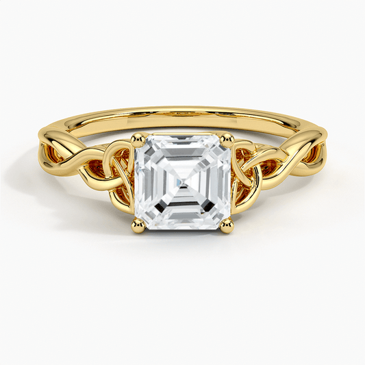 Asscher cut celtic engagement ring yellow face view