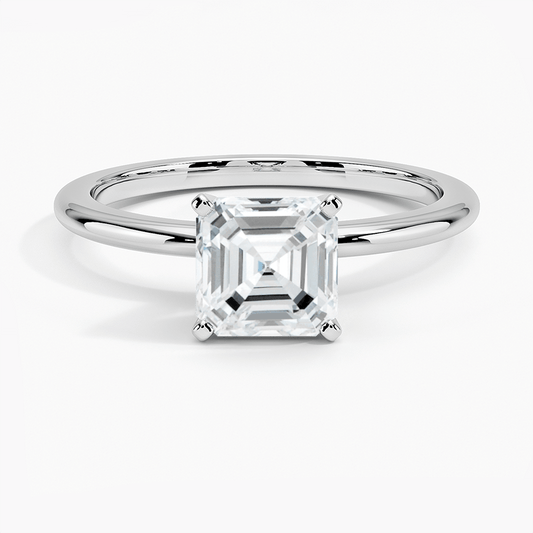 White gold engagement ring with white gold head asscher diamond face view