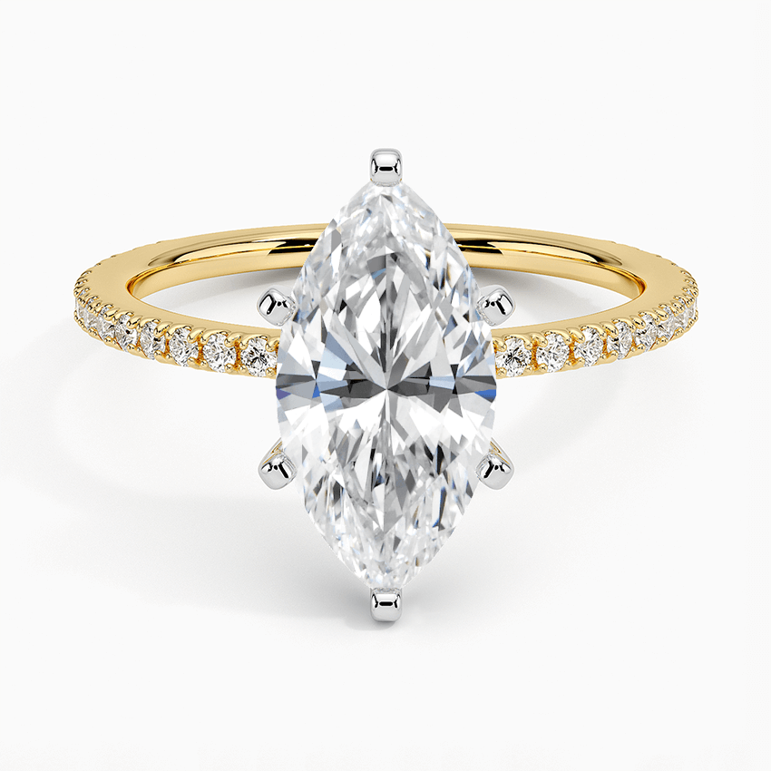 two tone marquise cut lab diamond engagement ring with six prongs  yellow face