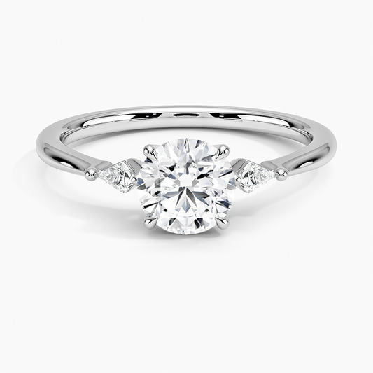 Round lab diamond claw prongs engagement ring with kites on sides white face