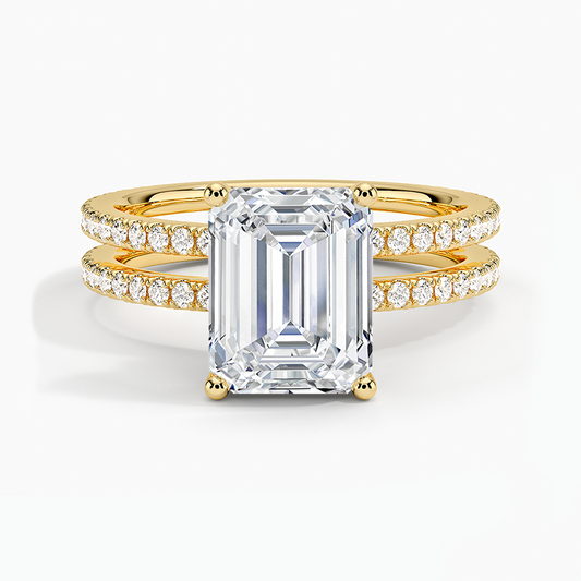 Emerald Cut Diamond Double Ring yellow face view