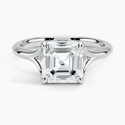 asscher cut diamond engagement ring with claw setting white gold face view