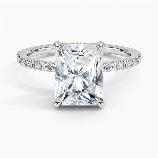 radiant shaped lab diamond engagement ring with pave setting and claw prongs white face