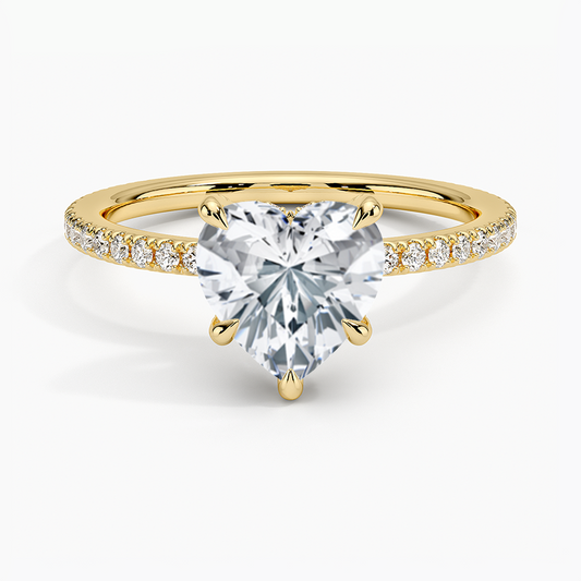heart cut lab diamond claw prongs pave set engagement ring yellow face