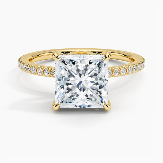 claw prong diamond solitaire princess cut halo yellow face