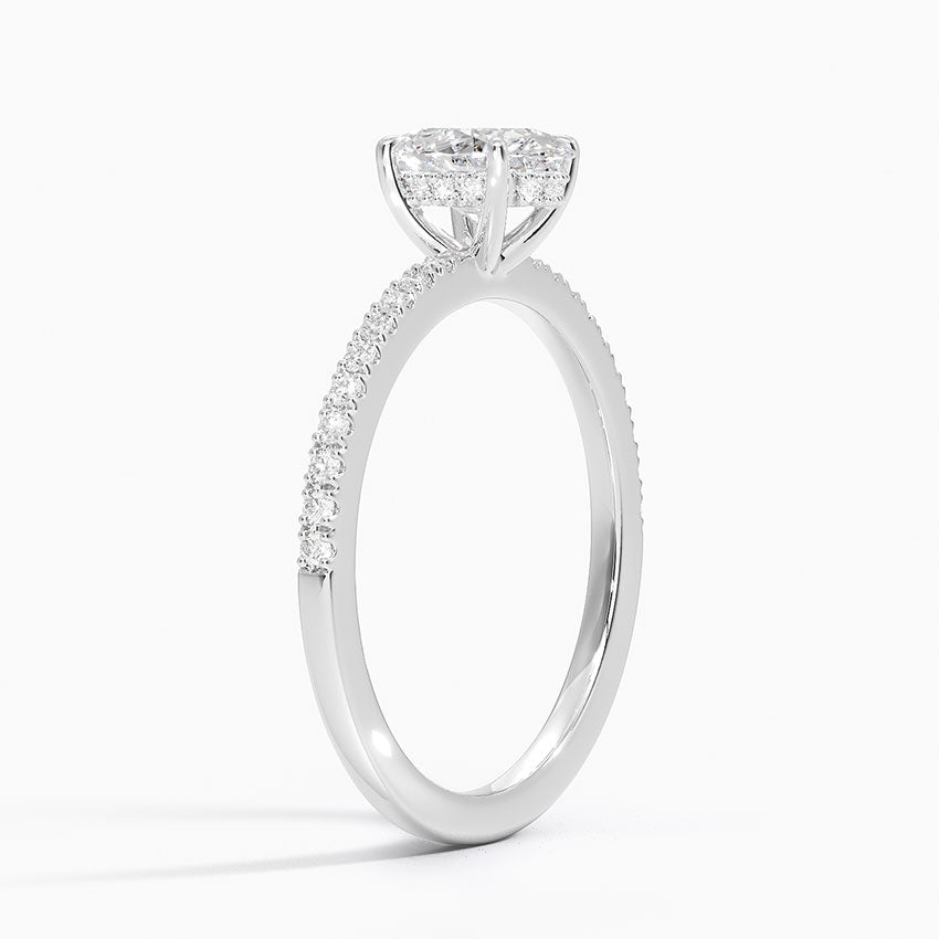 Claw prongs oval lab diamond engagement ring with pave settings and hidden halo white 