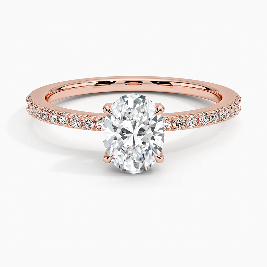 Claw prongs oval lab diamond engagement ring with pave settings and hidden halo rose face