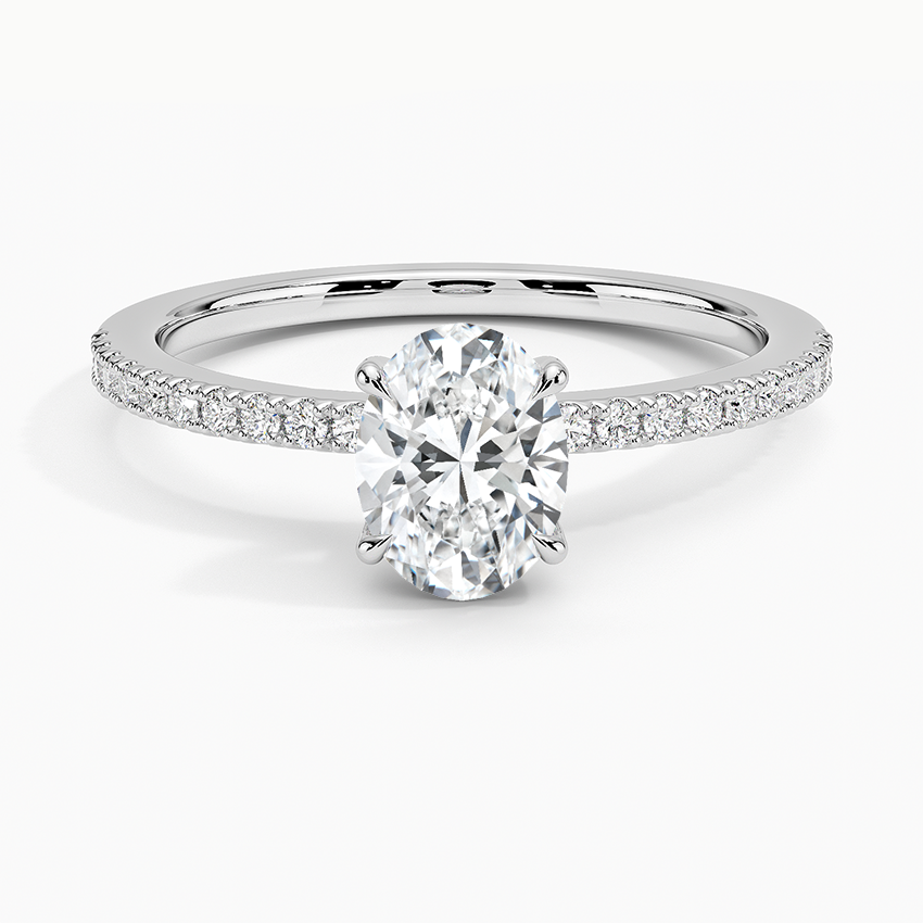 Claw prongs oval lab diamond engagement ring with pave settings and hidden halo white face