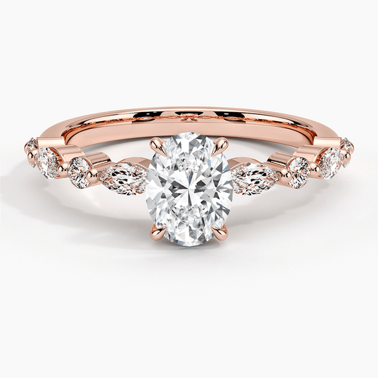 engagement ring rose gold round and marquise side diamonds with oval diamond face view