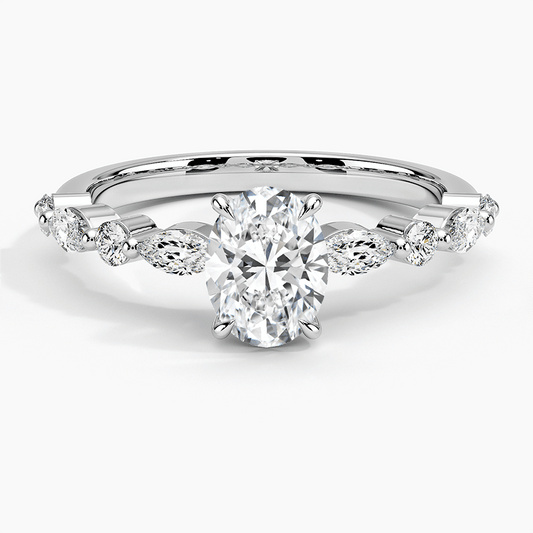 engagement ring white gold round and marquise side diamonds with oval diamond face view