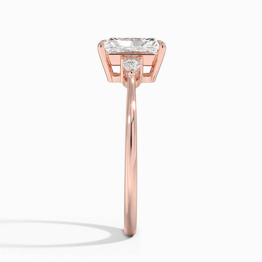 radiant diamond engagement ring three stone rose gold side view