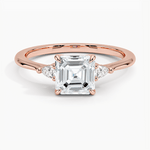 asscher cut diamond three stone engagement ring claw prongs rose gold face view