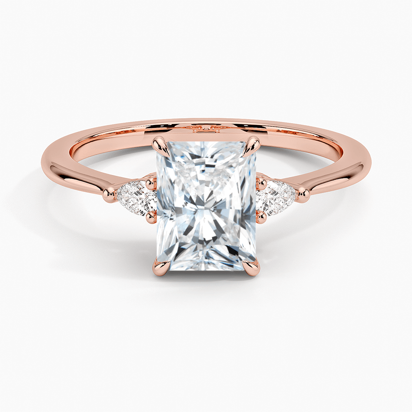 radiant diamond engagement ring three stone rose gold face view