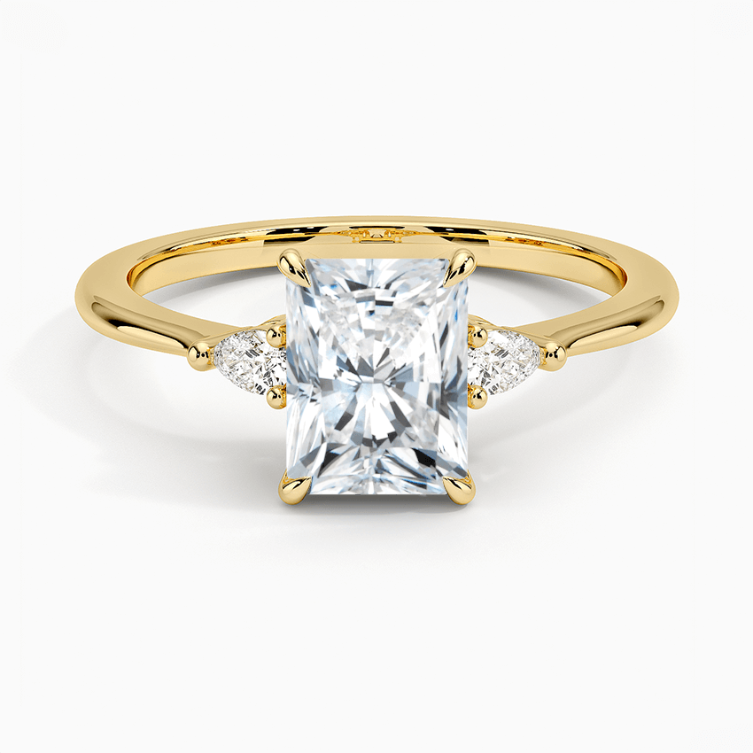 radiant diamond engagement ring three stone yellow gold face view