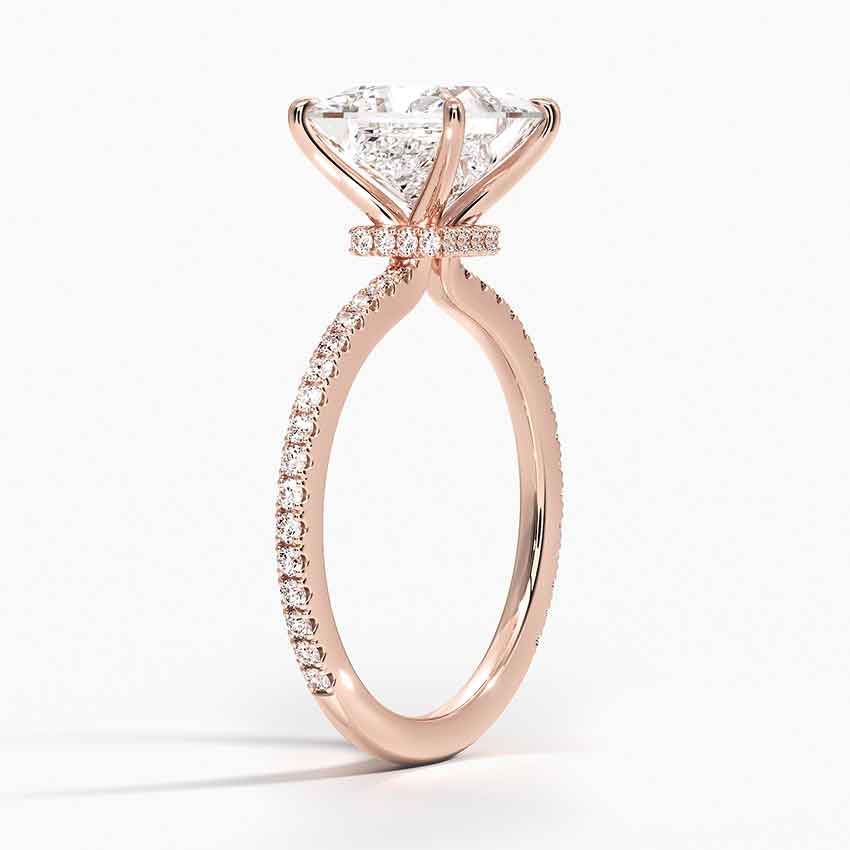 princess cut engagement ring rose gold pave and hidden halo claw prongs