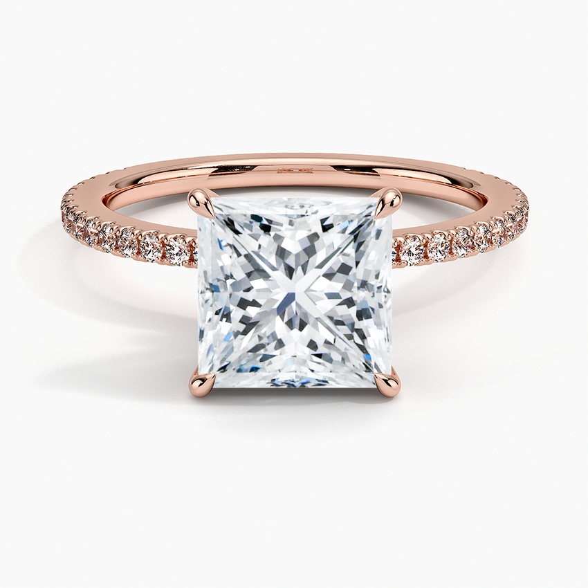 princess cut engagement ring rose gold pave and hidden halo claw prongs face view