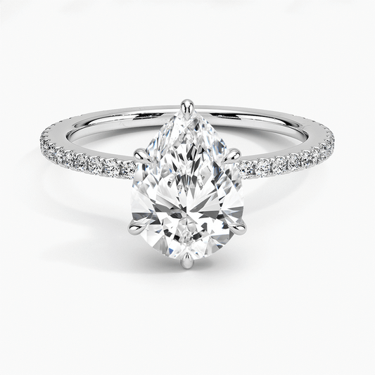 claw prong hidden halo pear cut lab diamond pave settings white face