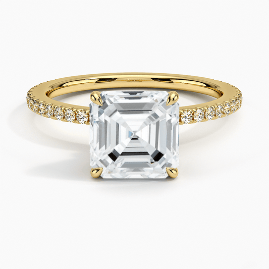 hidden halo asscher cut diamond claw prong engagement ring yellow gold face view