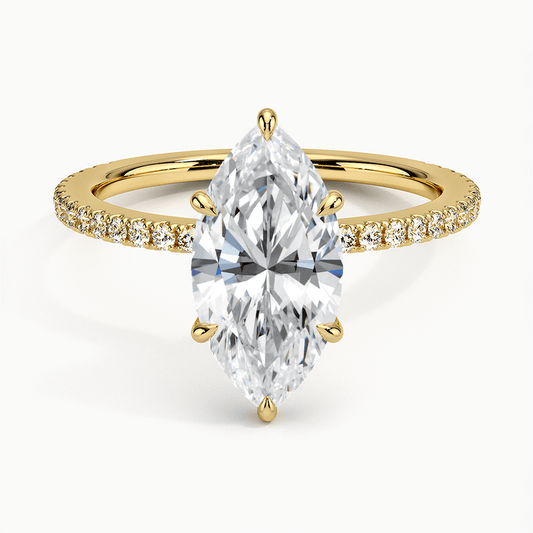 marquise lab diamond claw set engagement ring with pavé-set diamonds on side yellow face