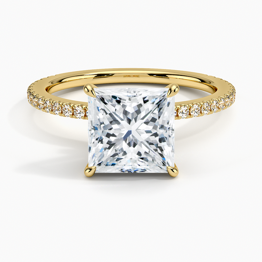 princess cut engagement ring yellow gold pave and hidden halo claw prongs face view