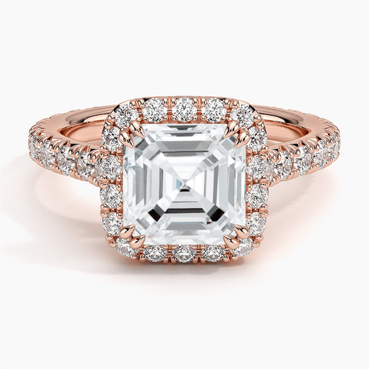 asscher cut double claw prongs halo engagement ring with pave setting rose gold face view